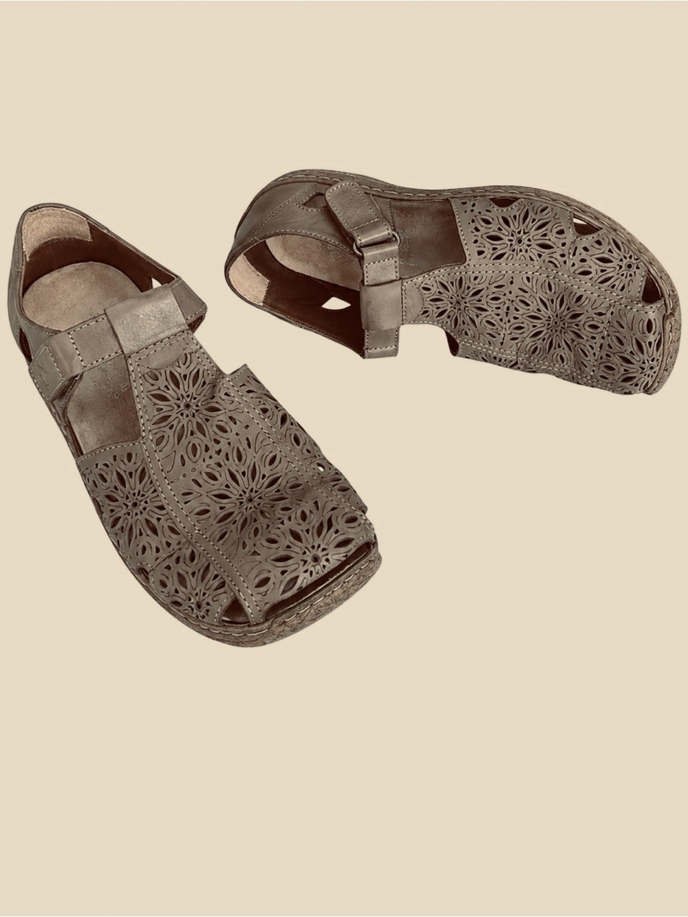 Rieker Leather Laser Cut Floral Comfort Sandals EU 37 US 6.5 Taupe
